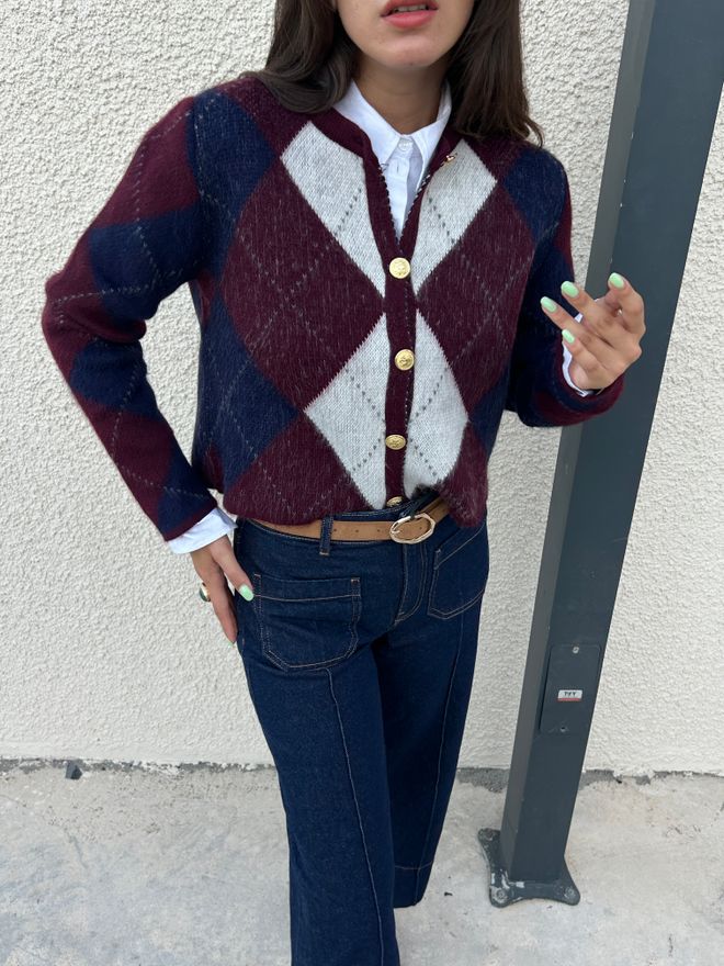First Angels Claret Red Checkered Preppy Cardigan Wholesale Clothing Vintage