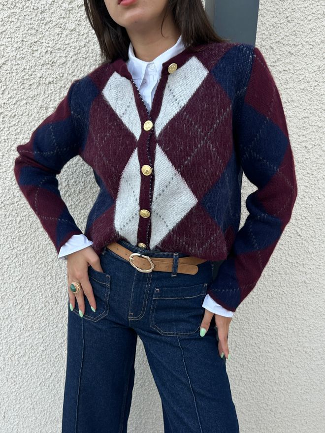 First Angels Claret Red Checkered Preppy Cardigan Wholesale Clothing 5