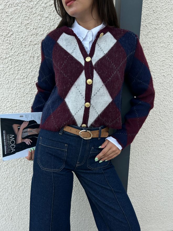 First Angels Claret Red Checkered Preppy Cardigan Wholesale Clothing Cocktail