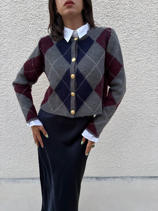 First Angels Grey Argyle Preppy Cardigan With Buttoned Closure Wholesale Clothing Work