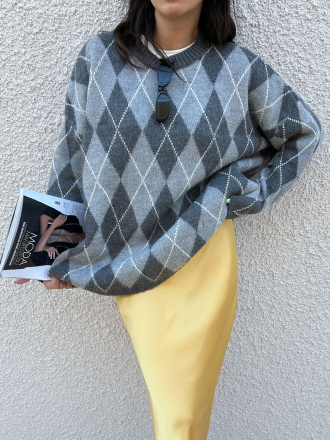 First Angels Γκρι Πουλόβερ Argyle Με Oversized Fit Χονδρικό εμπόριο ενδυμάτων Casual