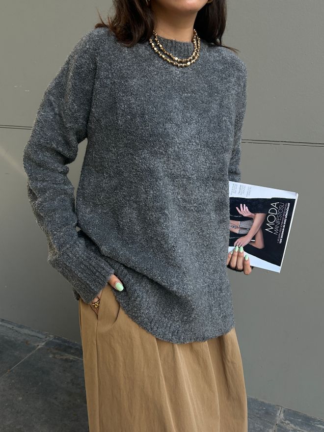 First Angels Pulover Gri Croială Supradimensionată Decolteu Rotund Casual Elegant Îmbrăcăminte cu ridicata Casual