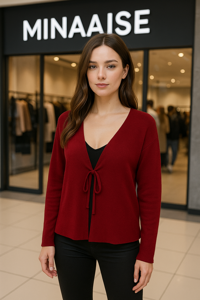 First Angels Claret Red Cardigan With Tie Closure & Patch Pocket Wholesale Clothing 1