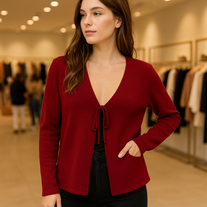 First Angels Claret Red Cardigan With Tie Closure & Patch Pocket Wholesale Clothing Lounge
