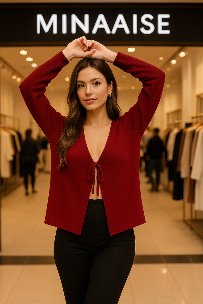 First Angels Claret Red Cardigan With Tie Closure & Patch Pocket Wholesale Clothing Winter