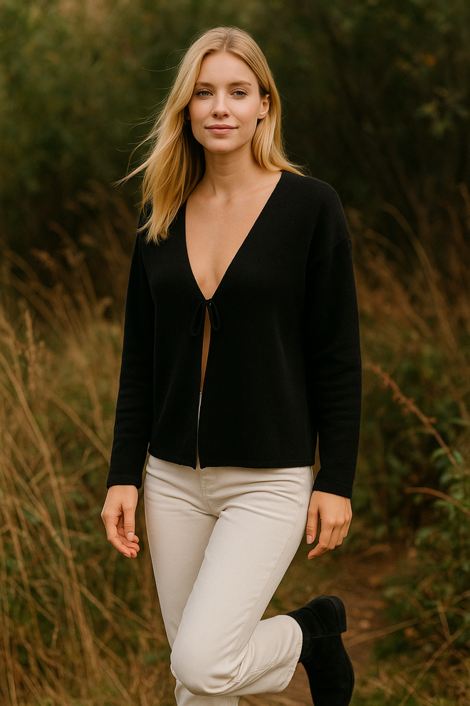 First Angels Tricotaje Cardigan Negru Pentru Femei Cu Cravată Frontală Cu Croială Largă 6246 Îmbrăcăminte cu ridicata 0