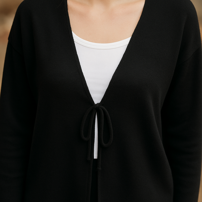 First Angels Black Cardigan With Plunging Neck And Tie Closure Wholesale Clothing 1