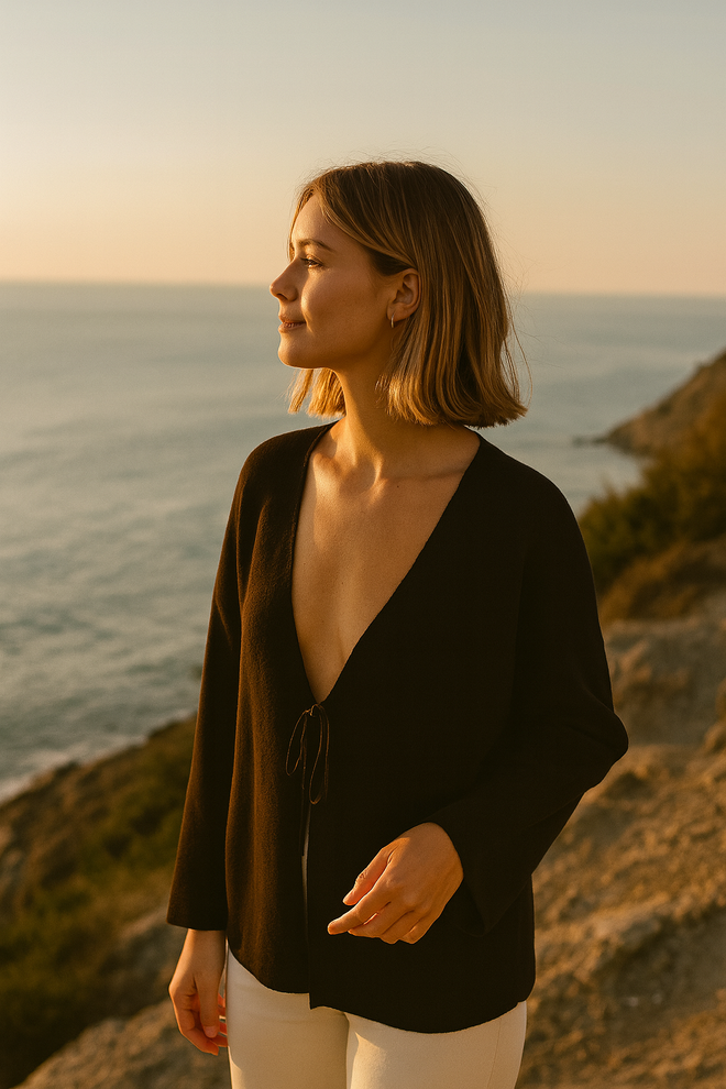 First Angels Black Cardigan With Plunging Neck And Tie Closure Wholesale Clothing Work