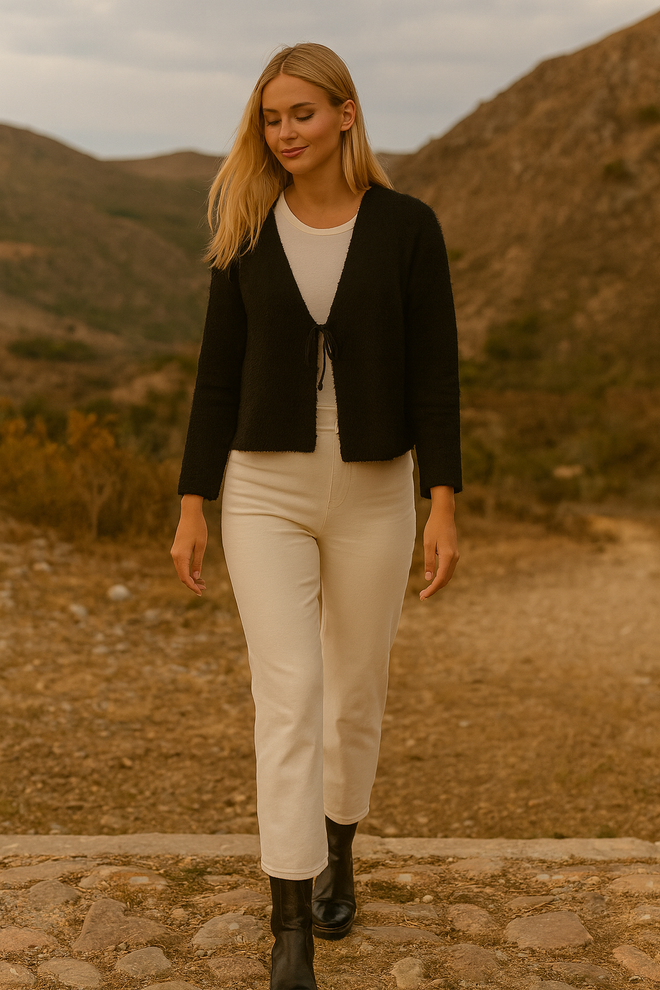 First Angels Black Cardigan With Plunging Neck And Tie Closure Wholesale Clothing Winter