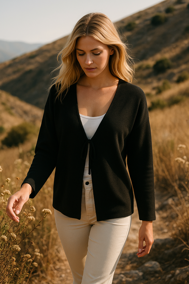 First Angels Black Cardigan With Plunging Neck And Tie Closure Wholesale Clothing 5