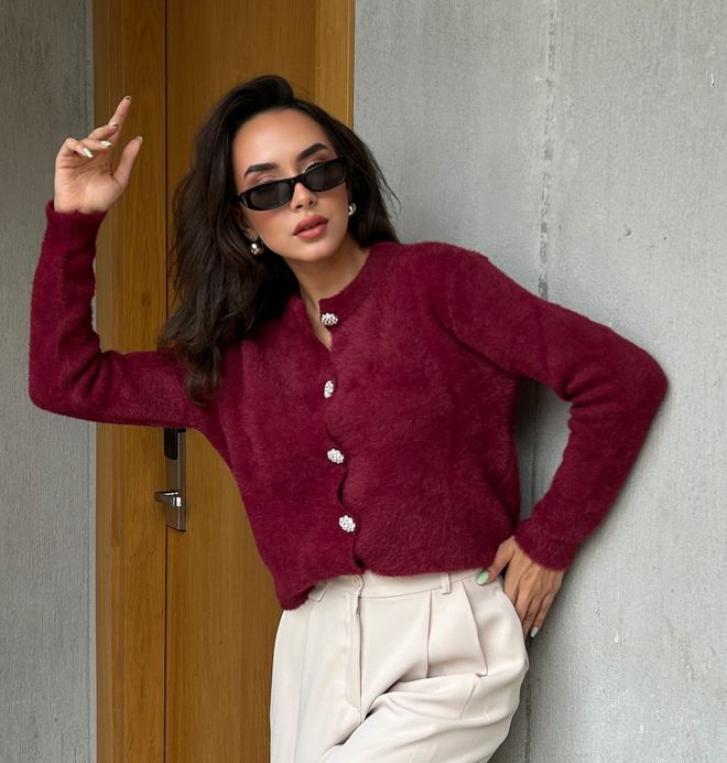 First Angels TRICOTAJE Cardigan Dama Cu Textura Moale Burgundy Cu Nasturi Din Piatra 5559 Îmbrăcăminte cu ridicata 0