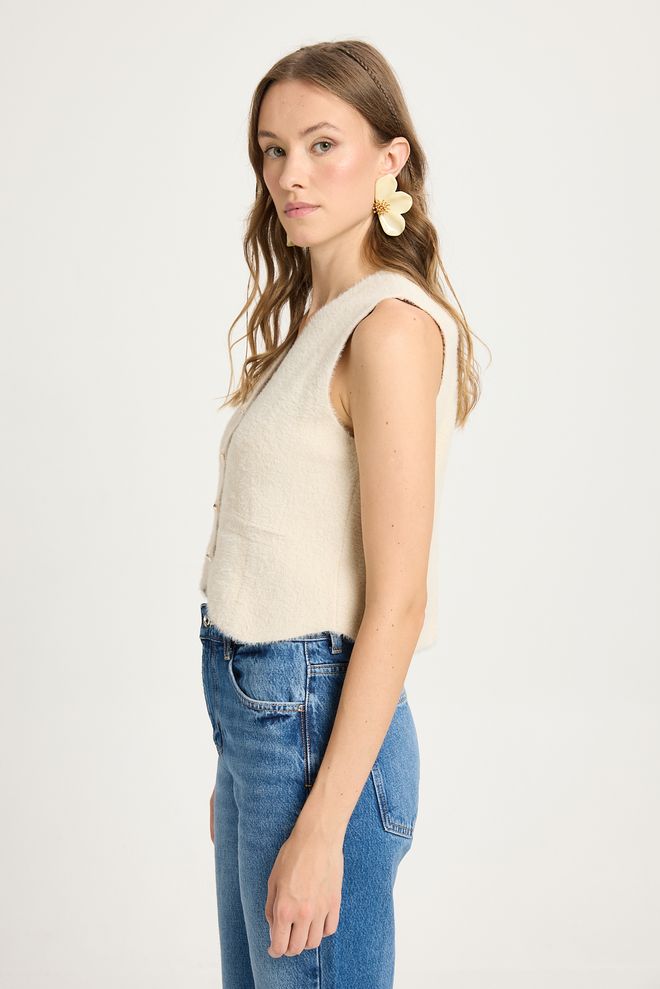 First Angels Beige Casual Elegant Modest Buttoned Crop Vest Wholesale Clothing Lounge