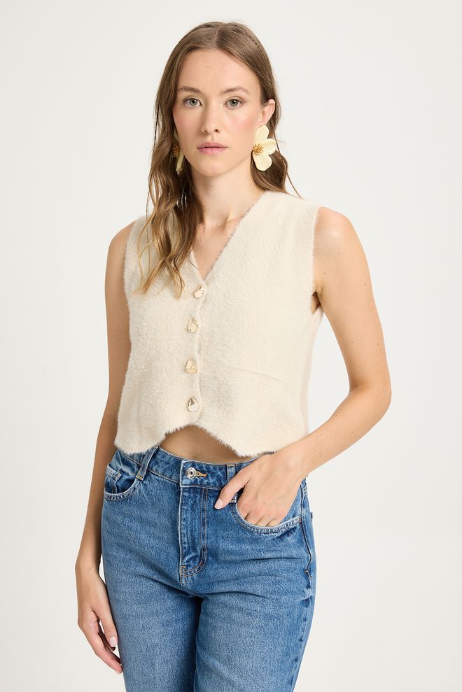 First Angels Beige Casual Elegant Modest Buttoned Crop Vest Wholesale Clothing Casual