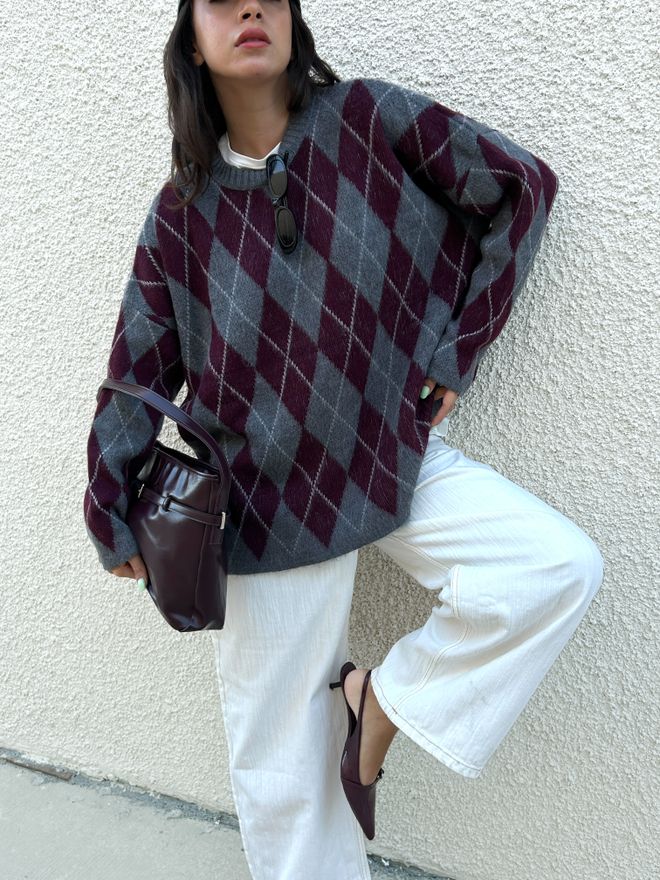 First Angels Siv Argyle Pulover Oversized Fit Oblačila na debelo Velika velikost