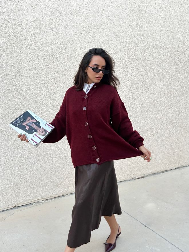 First Angels Claret Red Oversized Fit V Neck Cardigan Wholesale Clothing Casual