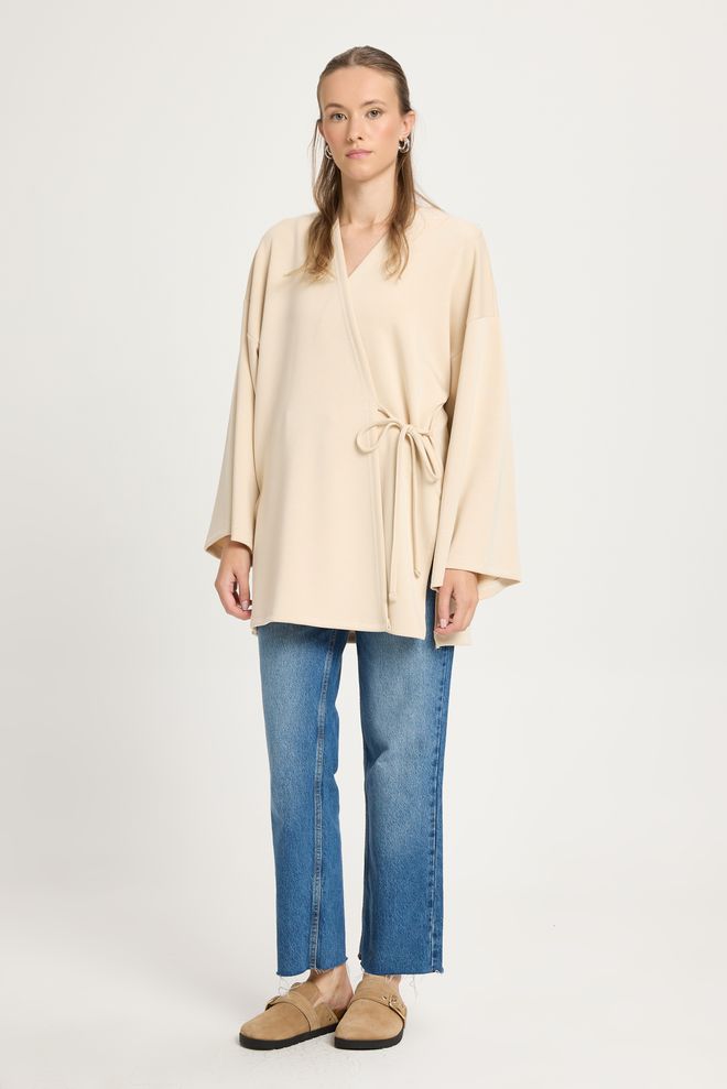 First Angels Beige Kimono With Oversized Fit And Extra Long Sleeves Wholesale Clothing Modal