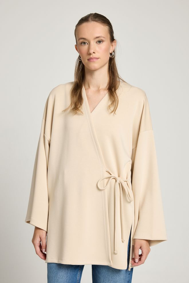 First Angels Beige Kimono With Oversized Fit And Extra Long Sleeves Wholesale Clothing Winter
