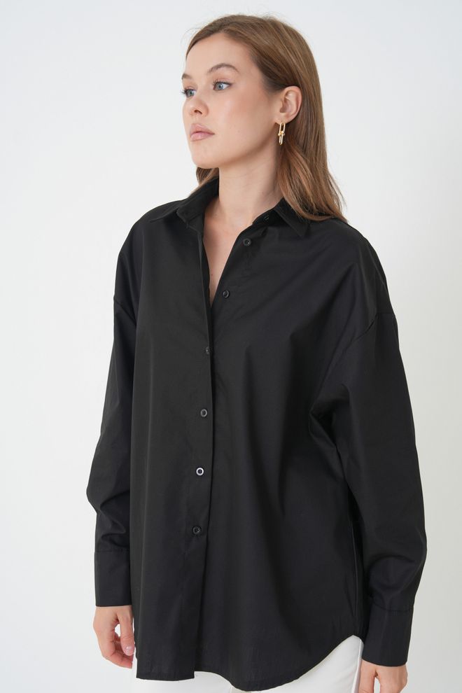 First Angels Черна Риза С Уголемена Стойка И Дълъг Ръкав Дрехи на едро Небрежен