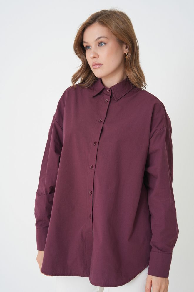 First Angels Camisa Casual Vermelho Clarete Com Decote Entalhado Roupas por atacado Casual