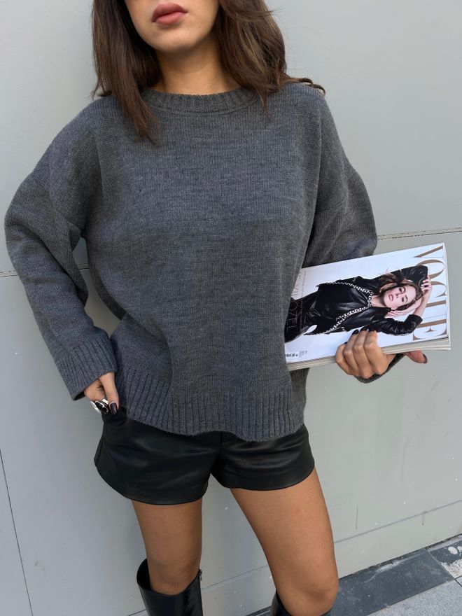 First Angels Pulover Gri Croială Supradimensionată Decolteu Rotund Mânecă Lungă Îmbrăcăminte cu ridicata Casual