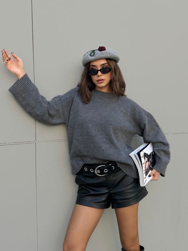 First Angels Pulover Gri Croială Supradimensionată Decolteu Rotund Mânecă Lungă Îmbrăcăminte cu ridicata 1