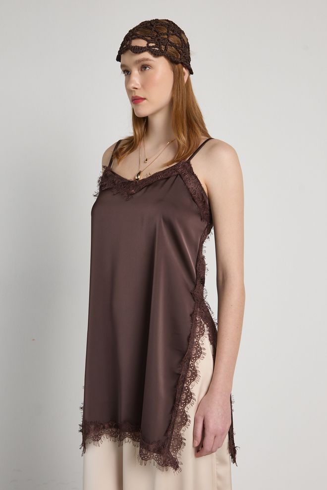 First Angels Chemisier Brun Sans Manches Col En V Pour Fête Vêtements en gros Décontracté