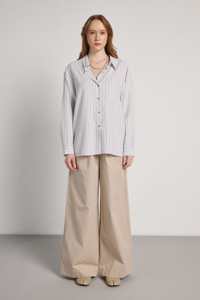 First Angels قميص بُني فاتح أُوفرسايز مخطط بياقة مقطوعة ملابس بالجملة غير رسمي