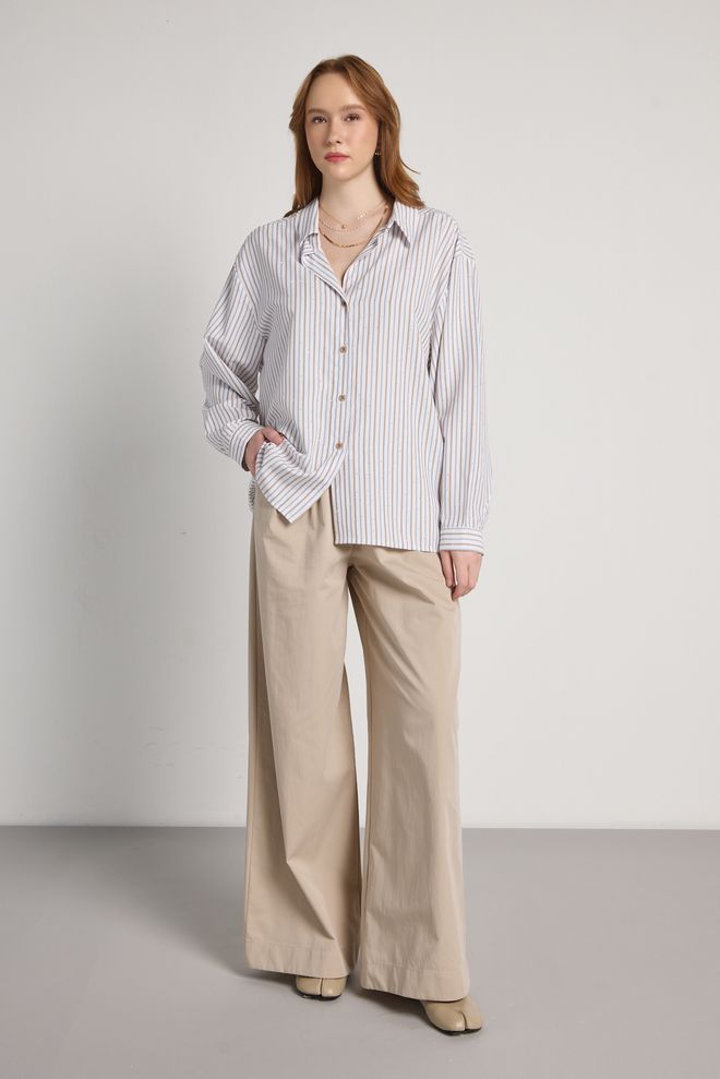 First Angels Beige Oversized Striped Shirt With Notched Neck Wholesale Clothing 1