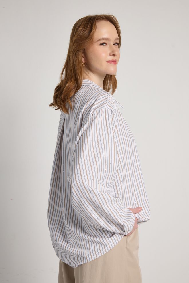 First Angels Beige Oversized Striped Shirt With Notched Neck Wholesale Clothing Lounge