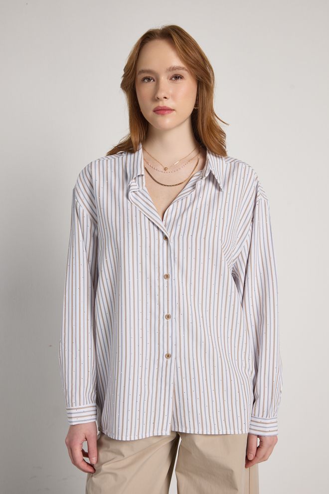 First Angels Beige Oversized Striped Shirt With Notched Neck Wholesale Clothing Summer