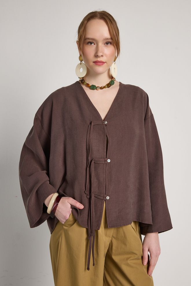 First Angels Blouson Brun Oversized Manches Chauve souris Veste chemise Vêtements en gros Modeste