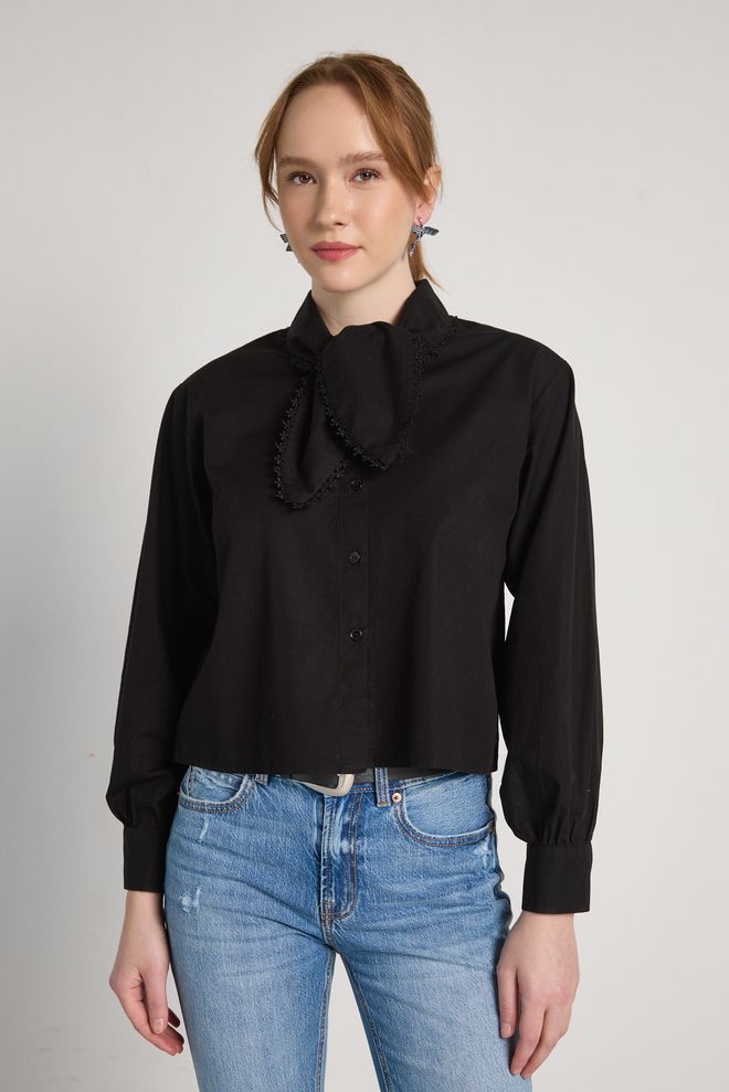 First Angels Cămașă Neagră Elegantă Cu Decolteu Crestat Și Nasturi Îmbrăcăminte cu ridicata Casual