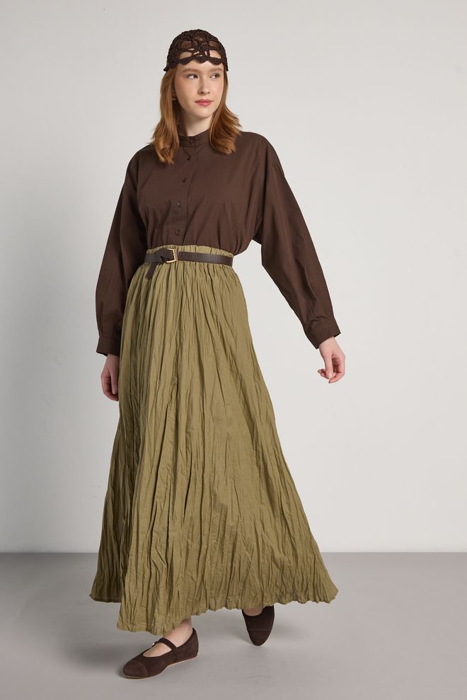 First Angels Kaki Jupe Évasée Maxi Taille Haute Fermeture À Tirette Vêtements en gros Modeste