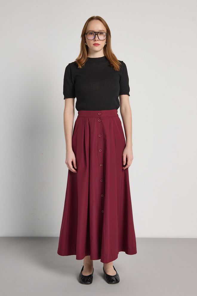 First Angels Макси Расклешенная Юбка Бордового Красного Цвета С Застежкой На Пуговицы И Наклонным Карманом Оптовая продажа одежды Скромный