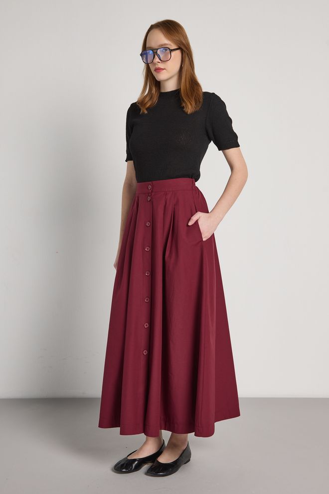 First Angels Fustă Maxi Flare Roșu Bordo Cu Închidere Cu Nasturi Și Buzunar Oblic Îmbrăcăminte cu ridicata 1