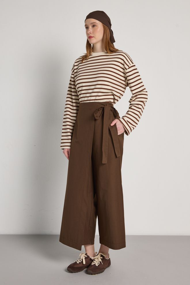 First Angels Brown High Waist Cropped Culottes Pants Wholesale Clothing Modest