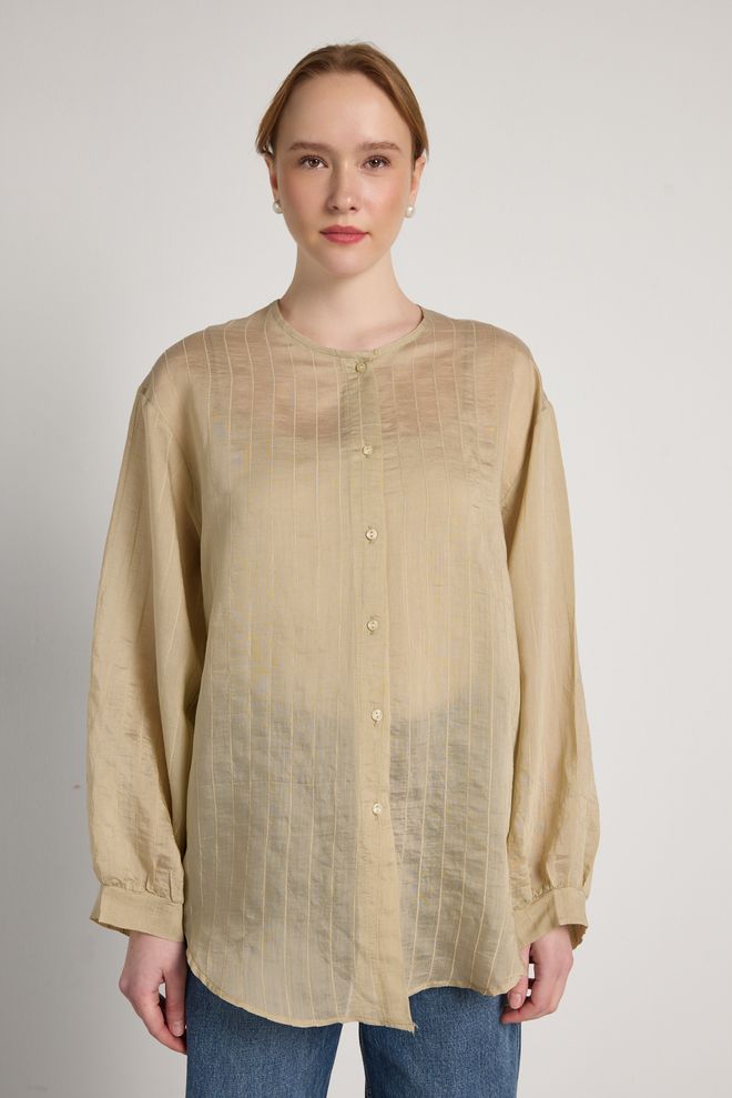 First Angels Beige Striped Casual Elegant Modest Shirt Wholesale Clothing Modest