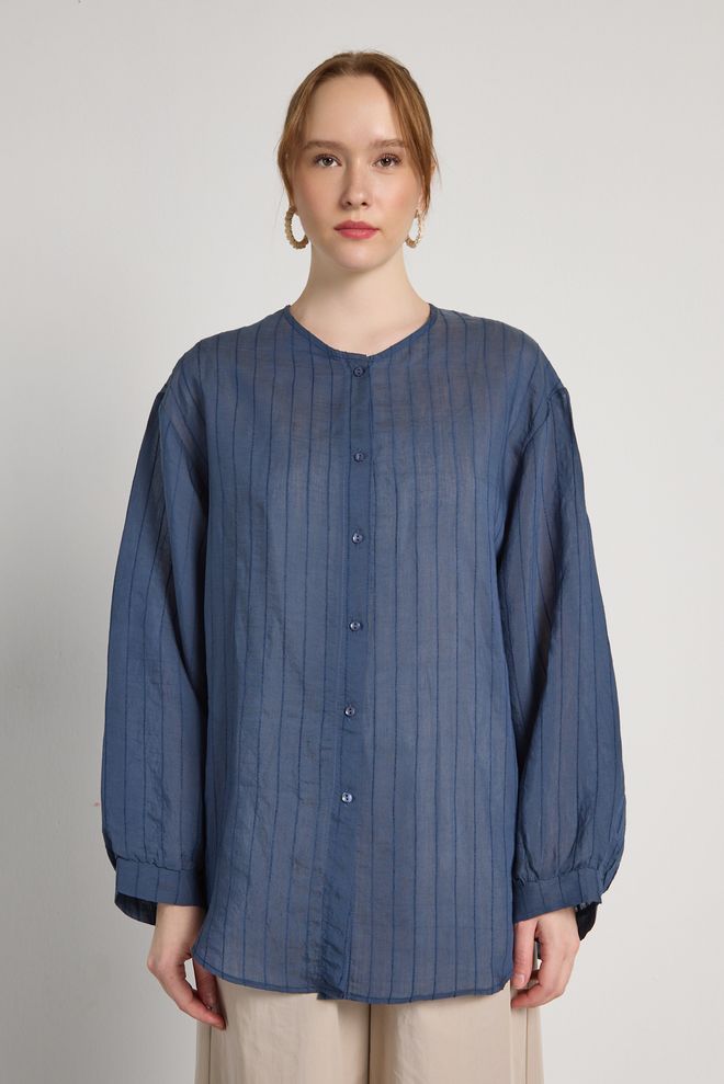 First Angels Camicia A Righe Blu Navy Casual Abbigliamento all'ingrosso Modesto