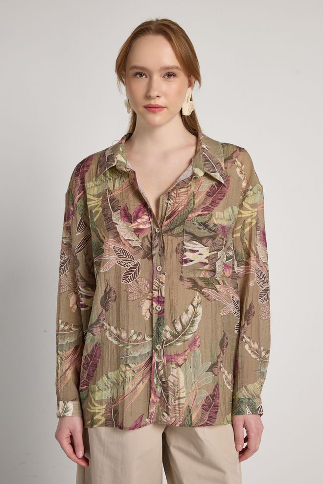 First Angels Chemise Décontractée Florale Kaki À Boutons Vêtements en gros Décontracté