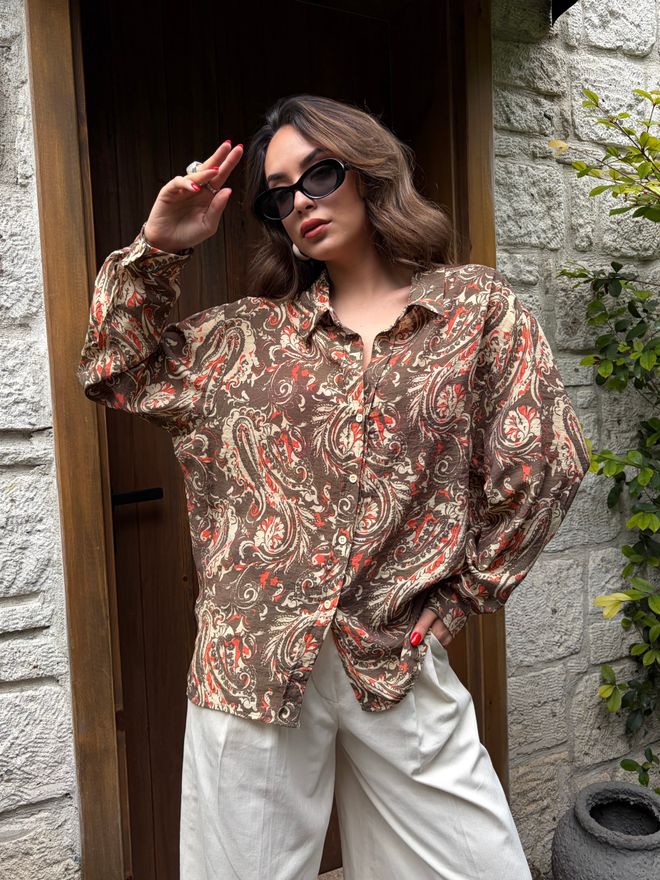 First Angels Chemise Marron Paisley Décontractée À Boutons Et Coupe Oversize Vêtements en gros Décontracté