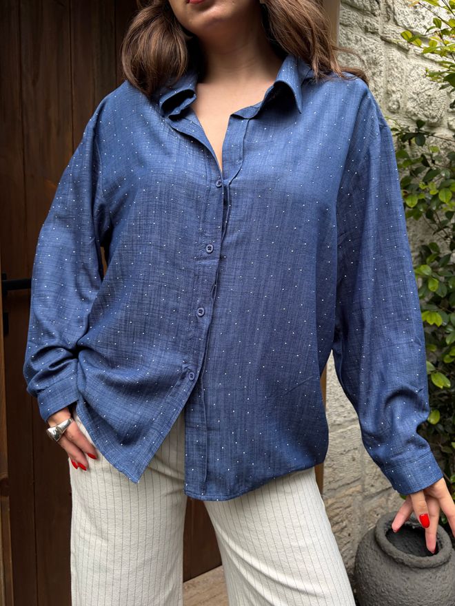 First Angels Chemise Bleue À Pois Grande Taille Vêtements en gros Décontracté