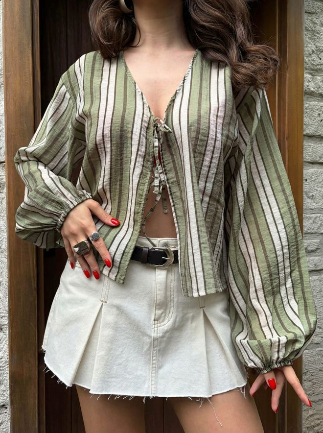 First Angels Groene Casual Boho Elegante Gestreepte Blouse Groothandel Kleding Casual