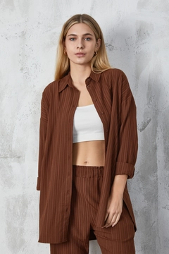 A wholesale clothing model wears fan10248-brown-textured-long-shirt, Turkish wholesale Tunic of First Angels