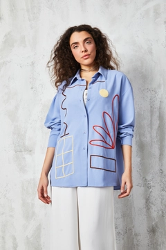 A wholesale clothing model wears fan10388-blue-embroidered-shirt, Turkish wholesale Shirt of First Angels