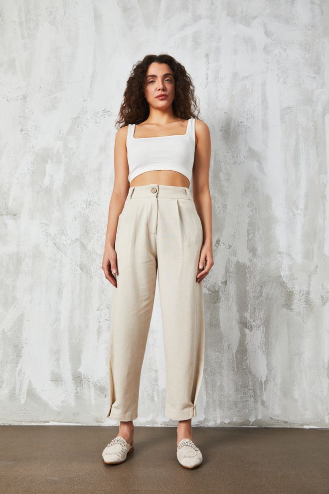 First Angels Natur Button Detailed Linen Trousers Wholesale Clothing Lounge