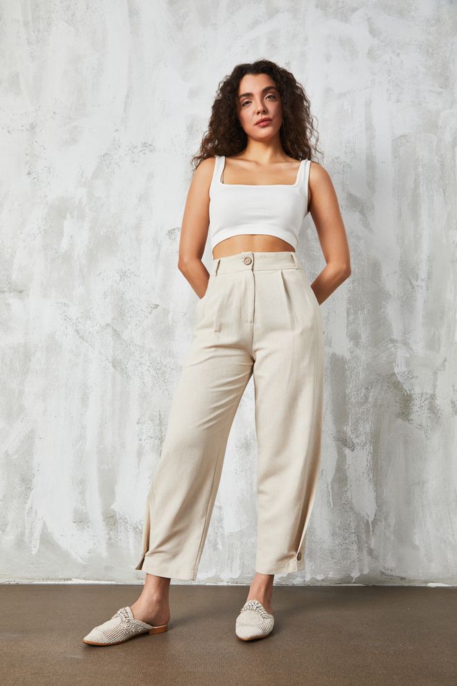 First Angels Natur Button Detailed Linen Trousers Wholesale Clothing Spring