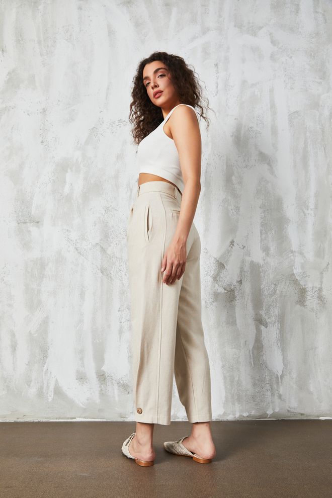 First Angels Natur Button Detailed Linen Trousers Wholesale Clothing 5