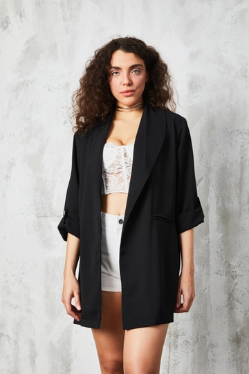 A wholesale clothing model wears  Black Shawl Collar Unlined Jacket
, Turkish wholesale Jacket of First Angels