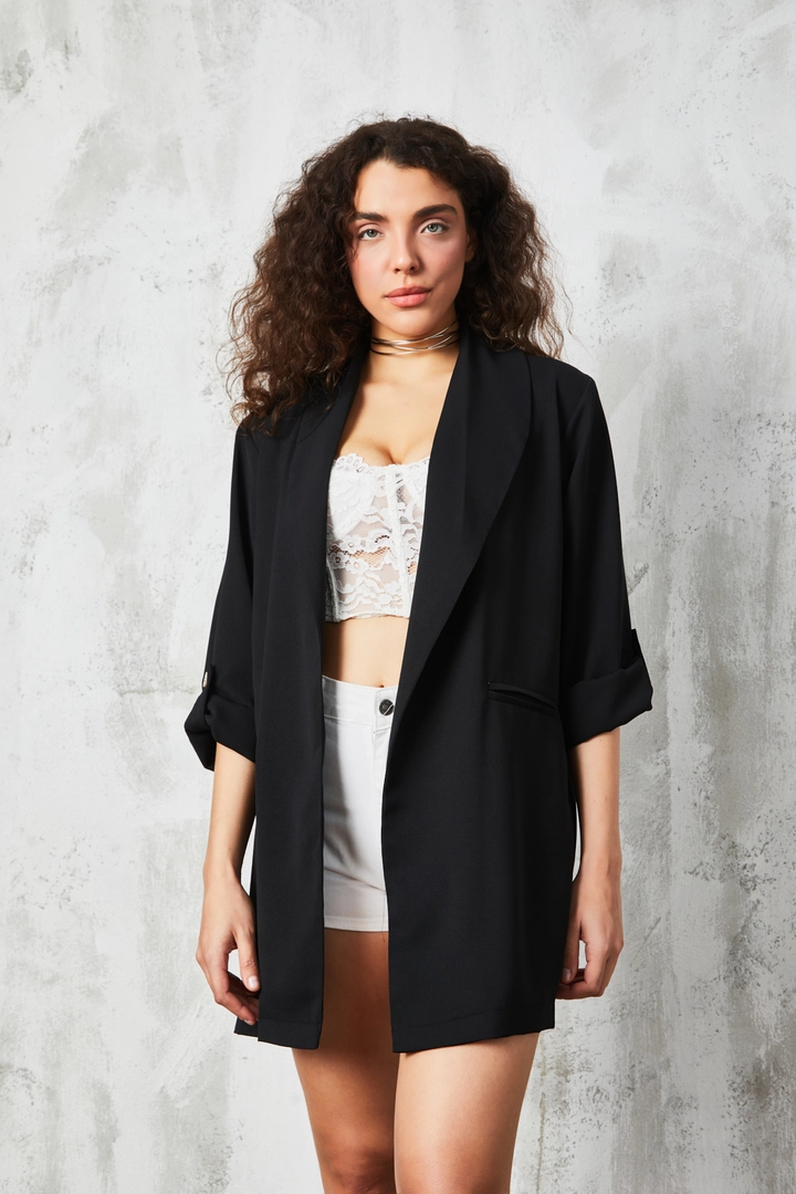 A wholesale clothing model wears fan10423-black-shawl-collar-unlined-jacket, Turkish wholesale Jacket of First Angels