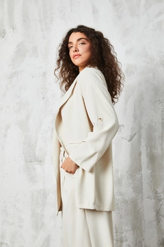 A wholesale clothing model wears fan10422-stone-shawl-collar-unlined-jacket, Turkish wholesale Jacket of First Angels